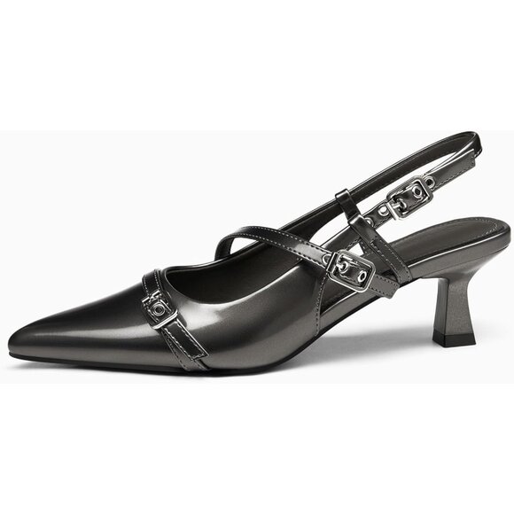 Women's Grey Slingback Kitten Heels Low Heel Closed Pointed Toe Pumps Buckle - Picture 2 of 4